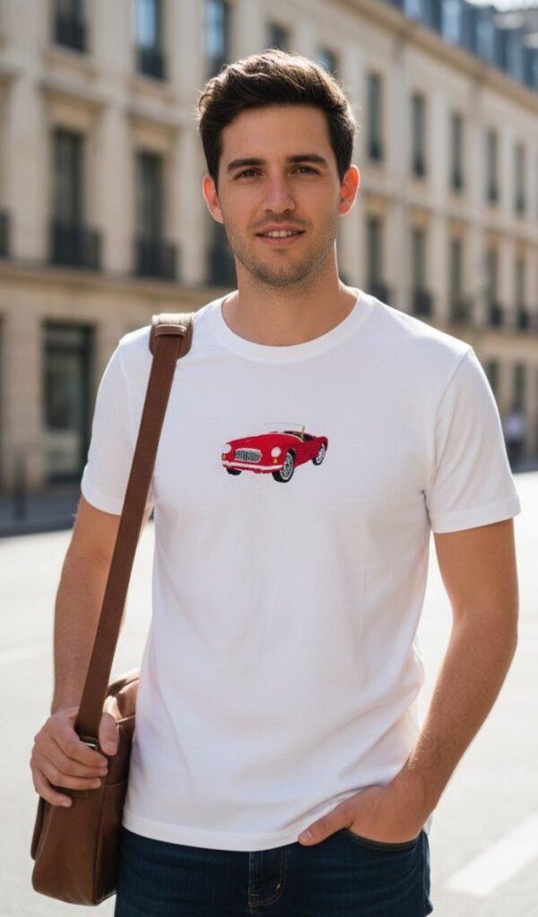 Classic Red Vintage Car Embroidered T-Shirt – White Edition