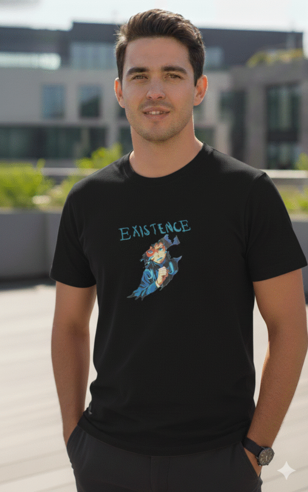 EXISTENCE Anime Graphic Black T-Shirt